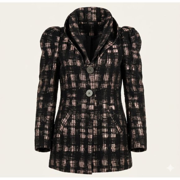 Samuel Dong Jackets & Blazers - Samuel Dong Black & Mauve Plaid Coat S With Puff Sleeves  Button Front